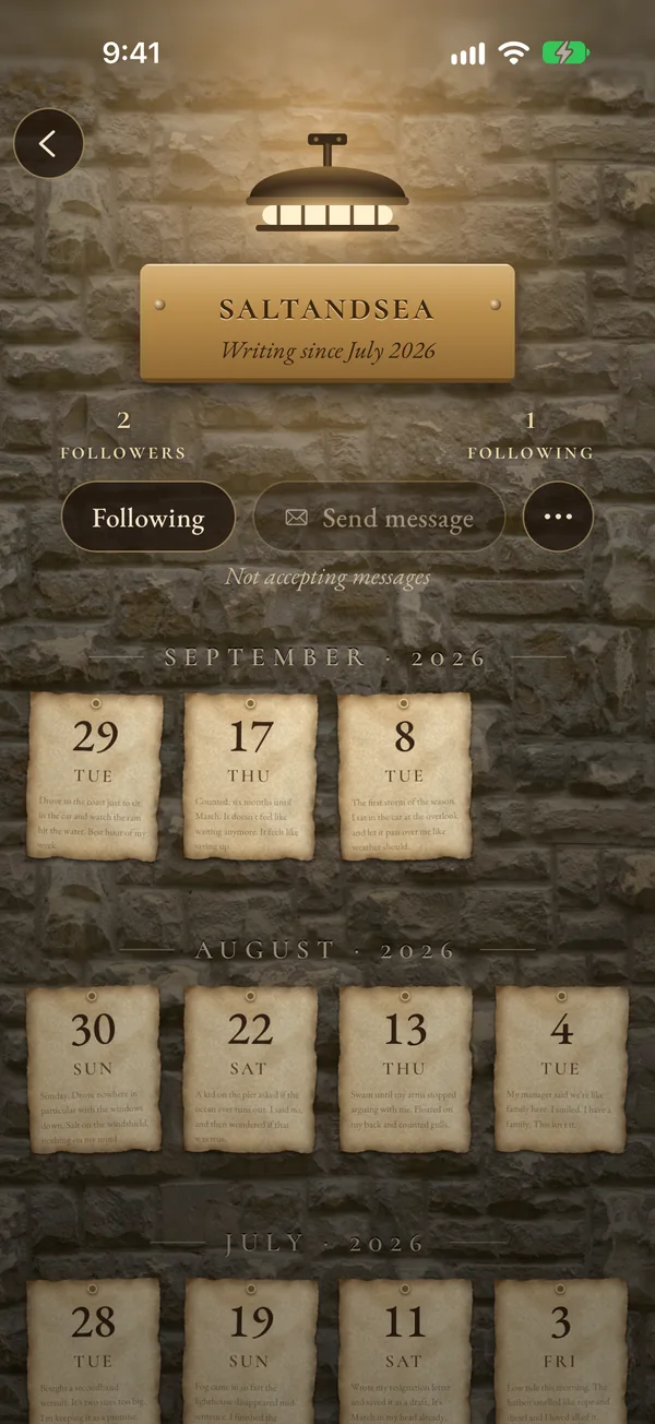 Another user's wall: follower and following counts, and the follow button.