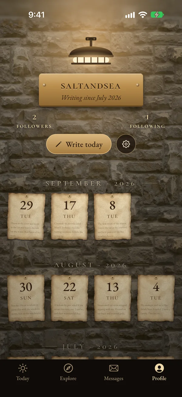 Cloister profile: diary pages pinned to a stone wall.