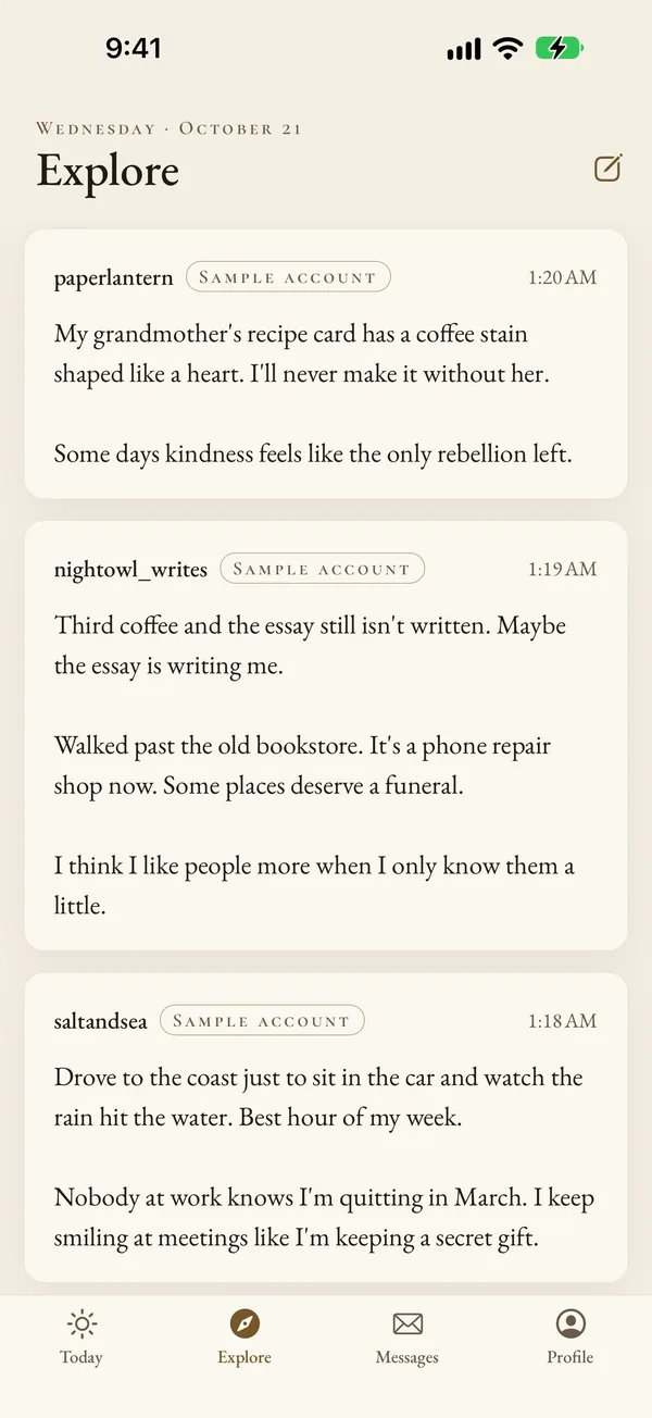 Explore screen: other users' pages, in date order.