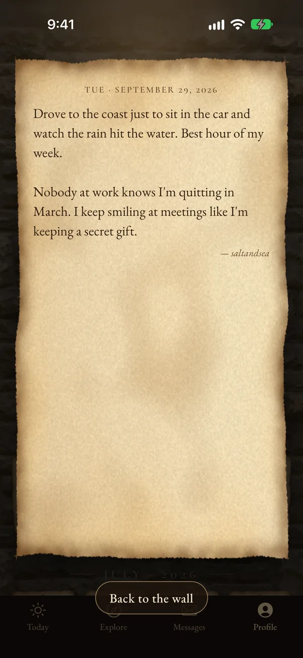 A diary page lifted off the wall, in reading view.