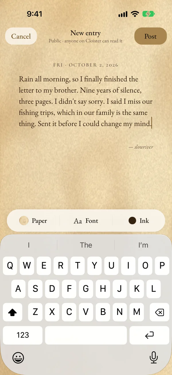 Writing screen: today's page, with the chosen paper and font.