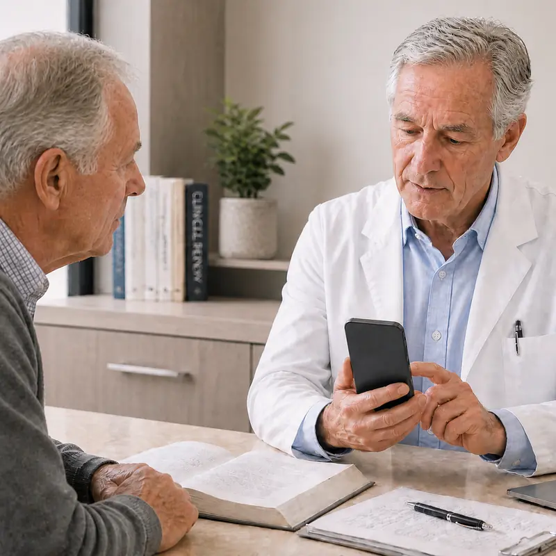 A clinician and patient at a desk; the clinician checks a source on their phone