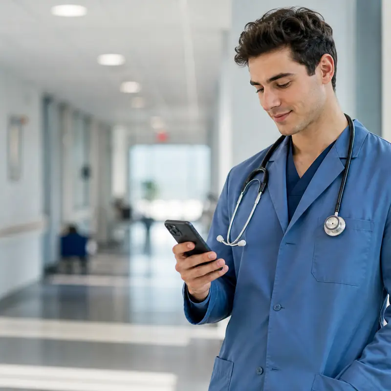 A clinician in a hospital corridor, checking a record on their phone