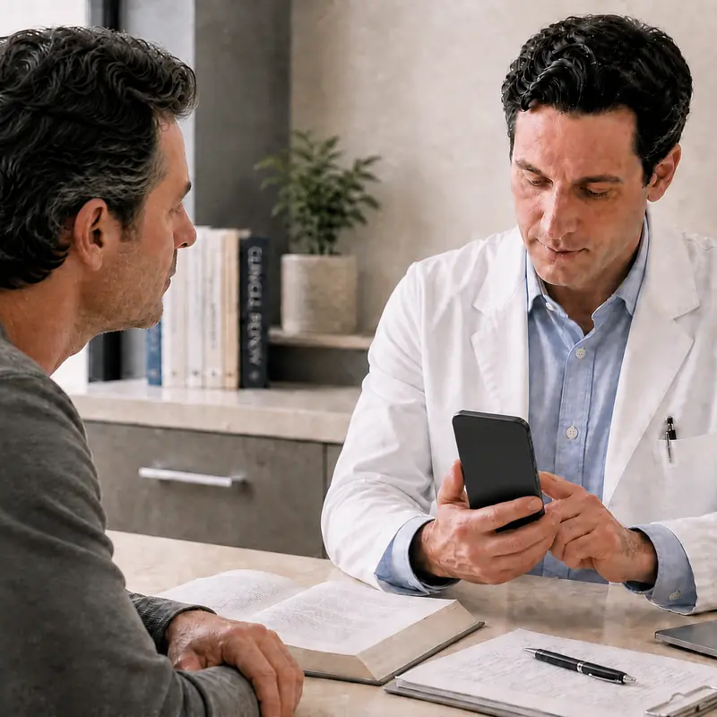 A clinician reads a record on their phone while talking with a patient