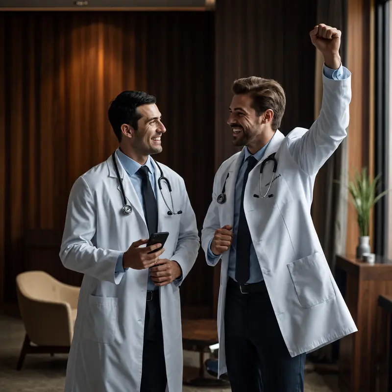 Two clinicians talking; one is holding a phone