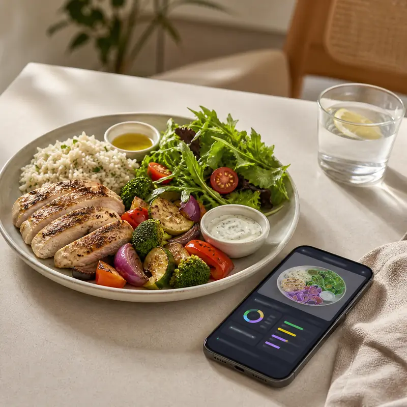 A plated meal; the phone beside it shows the plate broken into its parts