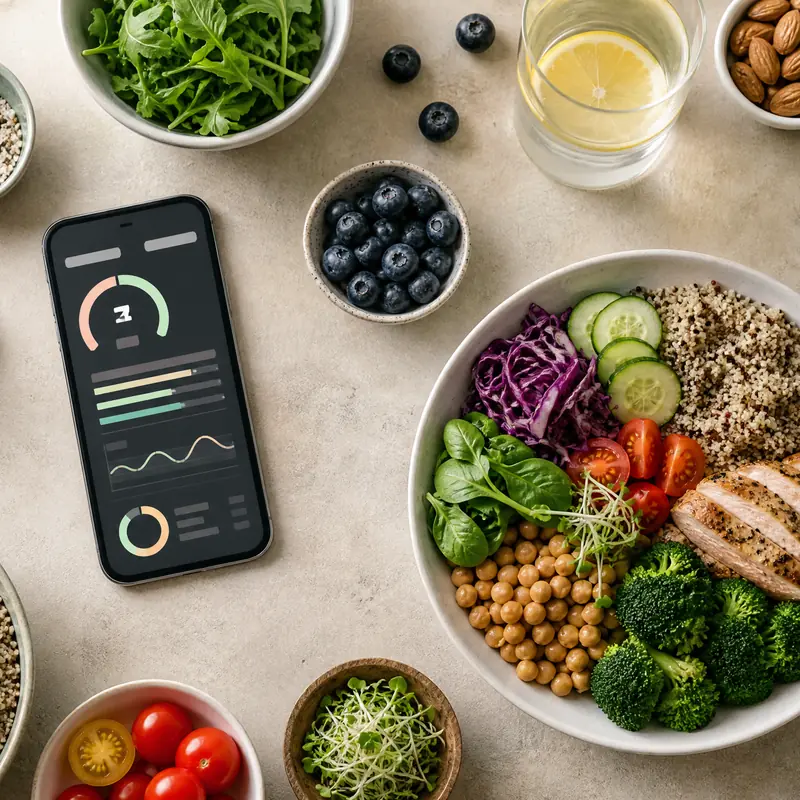 Fresh ingredients laid out on a counter with a phone in the middle