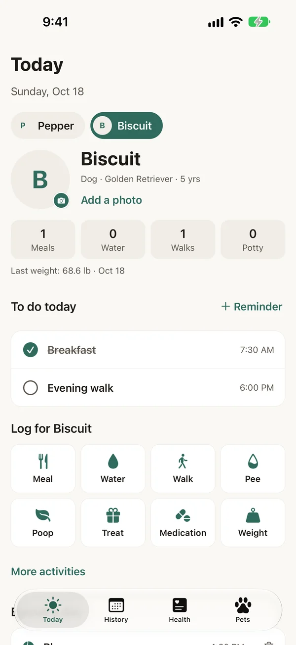 KavlaPet Today screen: the day’s counts, today’s reminders and one-tap log buttons.