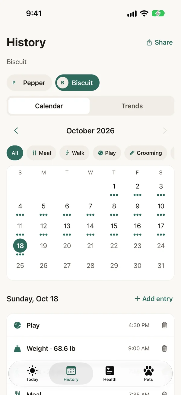 History screen: a month calendar with the days that have entries marked.