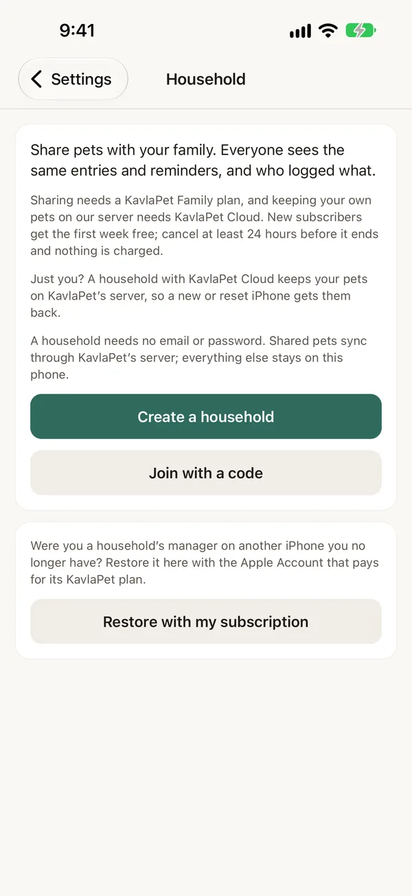 Household screen: what a household is, with Create and Join with a code buttons.