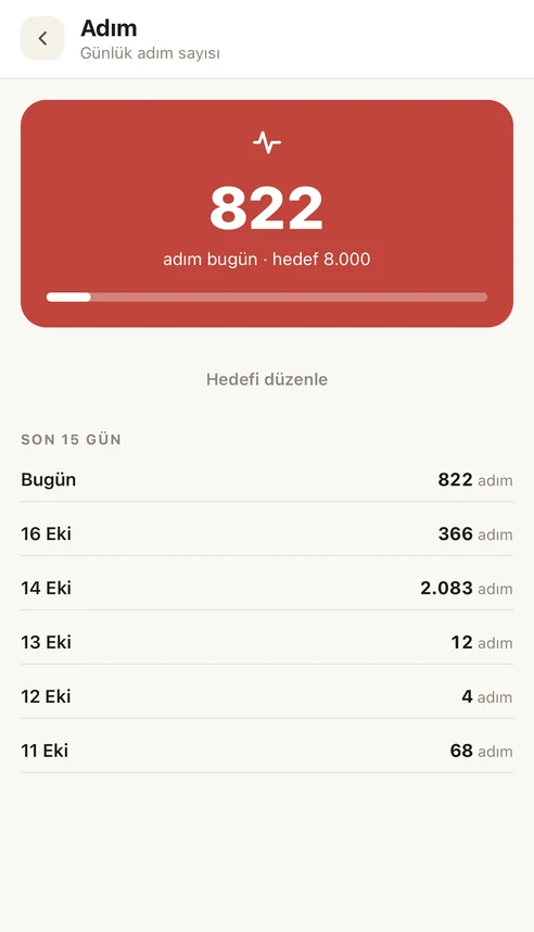 Step screen: today's step count, the daily target and recent days' step history