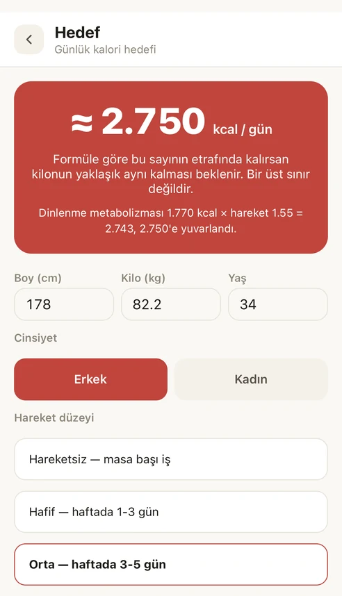 Target screen: a daily calorie target calculated from a sample height, weight, age, sex and activity level