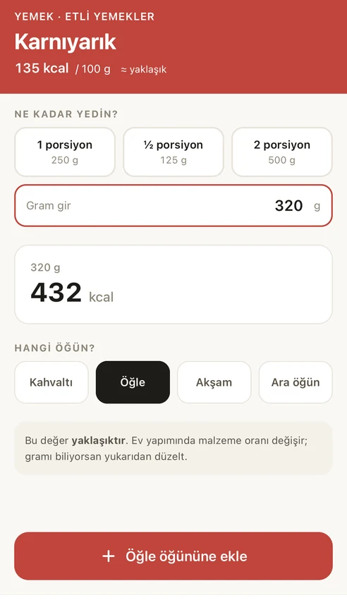 Karnıyarık detail: portion options and the calories calculated for 320 g typed into the grams field