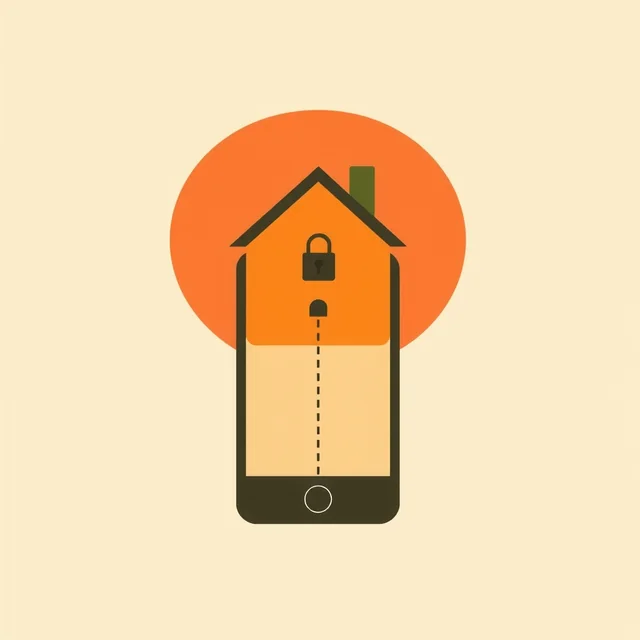 A lock shaped like a house sits on top of a phone; the dotted line leaving the phone stops inside the house.